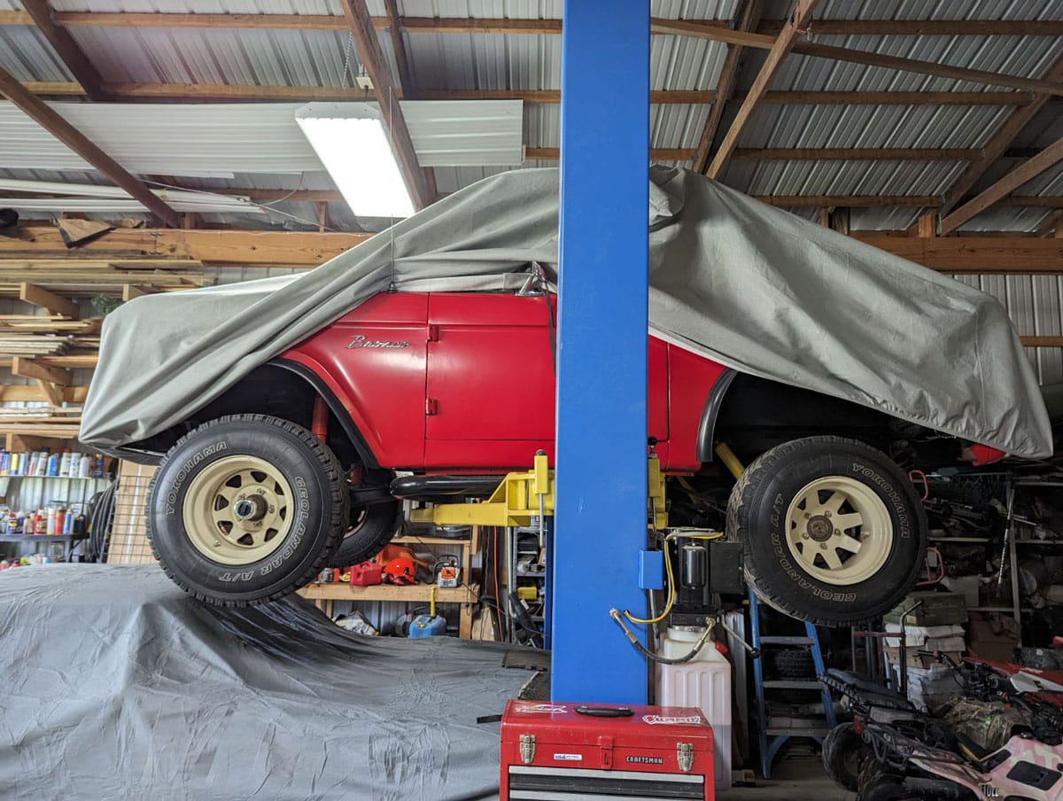 Classic Ford Bronco on lift for Long Term Storage
